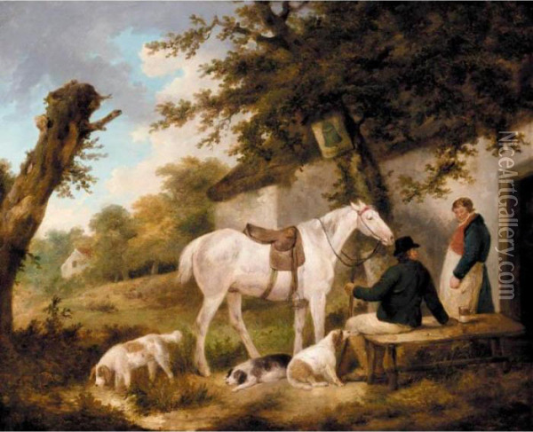 Travellers Resting Outside The Bell Inn Oil Painting - George Morland