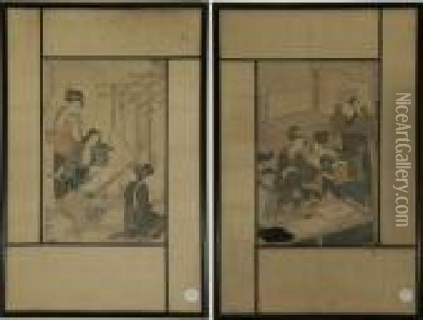 Two Woodblock Prints Oil Painting - Kitagawa Utamaro