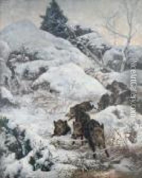 Schwarzwild In Winterlandschaft Oil Painting - Karl Bodmer