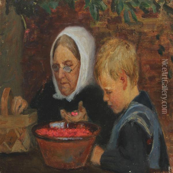 Interion With Woman And Child Oil Painting - Frederik Lange