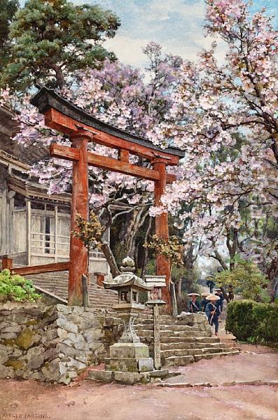 Cherry Blossoms Before A Temple Near Yoshino, Japan Oil Painting - Alfred Parsons