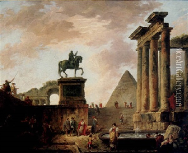 An Architectural Capriccio With The Roman Ruins, The Equestrian Statue Of Marcus Aurelius, A Pyramid And Figures By A Fountain Oil Painting - Hubert Robert