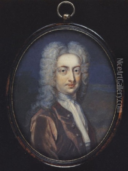 A Gentleman Wearing A Brown Coat, White Jabot And Full Bottomed Powdered Wig Oil Painting - Benjamin Arlaud