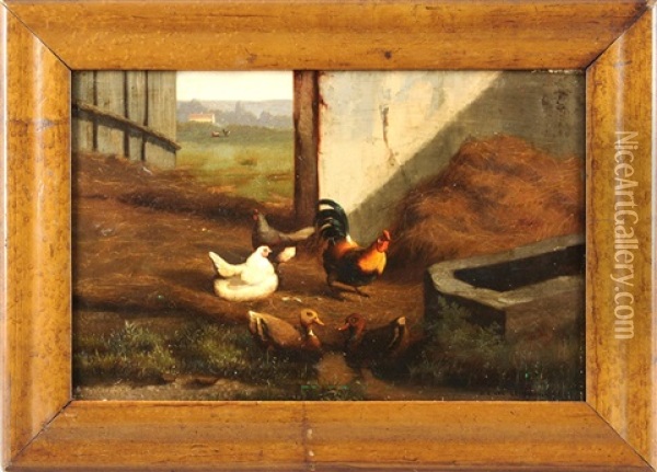 Hahn Mit Hennen Und Zwei Enten Im Stall Mit Ausblick Auf Landschaft Oil Painting - Jef Louis Van Leemputten