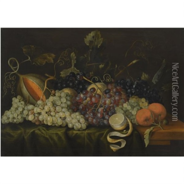 Still Life With Red, Black And Green Grapes On The Vine, Together With Oranges, A Partly-peeled Lemon And A Melon On A Draped Table-top Oil Painting - Jacob Marrel