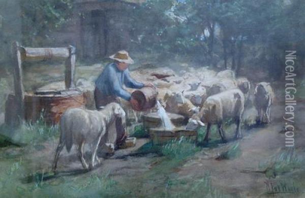 Feeding The Sheep Oil Painting - Hermann Johannes Van Der Weele