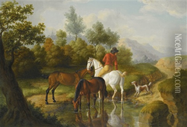 A Gentleman With Horses By A Stream Oil Painting - Jacques-Laurent Agasse