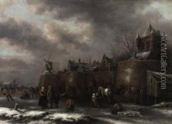 A Winter Landscape With Figures 
Skating And Sleighing On A Frozenmoat Outside A Fortified Town Oil Painting - Claes Molenaar (see Molenaer)