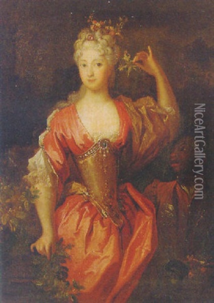 Portrait Of A Lady In A Red Dress With Flowers In Her Hair, A Black Page At Her Side Oil Painting - Caspar Netscher