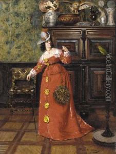 An Elegant Lady In A Salon Oil Painting - Francois Brunery