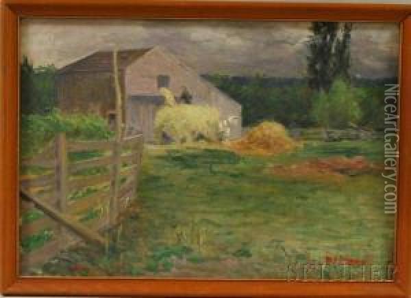 Farm Landscape With Hay Wagon Oil Painting - Harold A. Streator