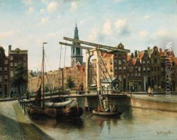 A Busy City Canal Scene Oil Painting - Johannes Franciscus Spohler