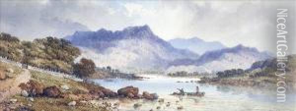 A Highland Loch,with Fishing Boat Oil Painting - Edwin Austin Abbey