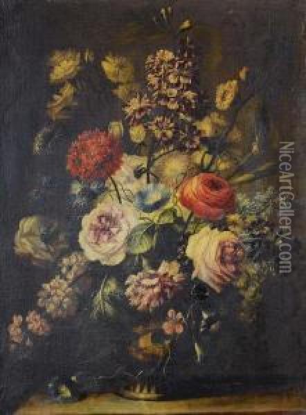 Roses, Jasmine, Convolvulus And Other Flowersin A Stone Urn On A Table Top Oil Painting - Karel Van Vogelaer, Carlo Dei Fiori
