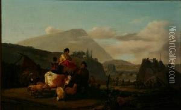 Travelers With Cow And Sheep In A Landscape Oil Painting - Michel Hamon-Duplessis