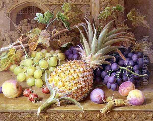 A Still Life of a Pineapple Grapes Peaches Strawberries and Hazelnuts on a Dresser Oil Painting - William B. Hough
