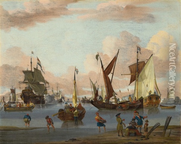 Coastal Landscape With Dutch Sailing Ships Oil Painting - Johannes de Blaauw