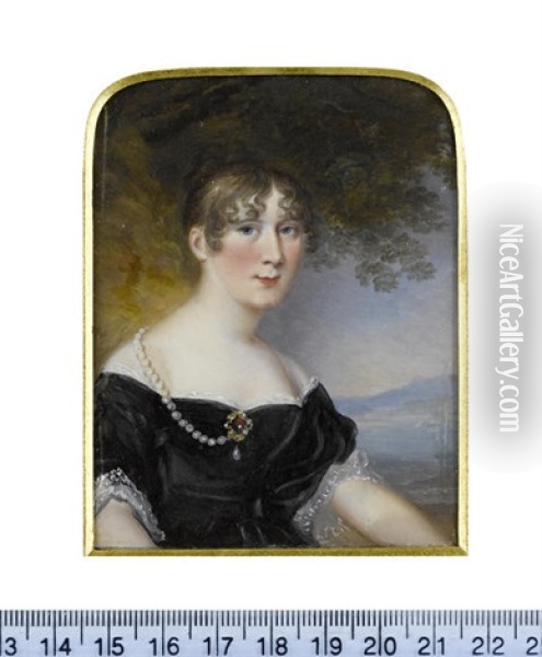 Susannah Smith (nee Mackworth-praed), Seated In A Landscape, Wearing Black Decollete Dress With White Lace Trim, A Strand Of Large Pearls Suspended... Oil Painting - James Leakey