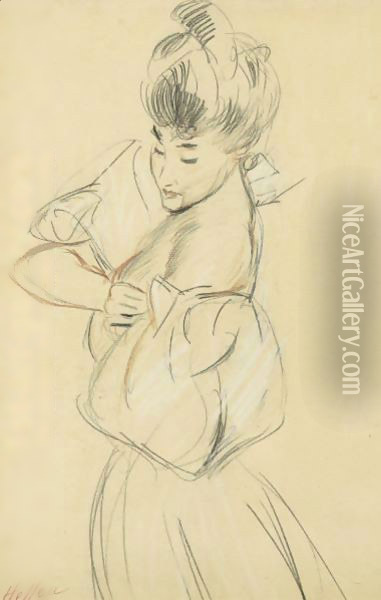 A Woman Side View Arranging Her Sleeve Oil Painting - Paul Cesar Helleu