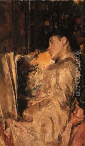 Anna With An Album Oil Painting - Antonio Mancini