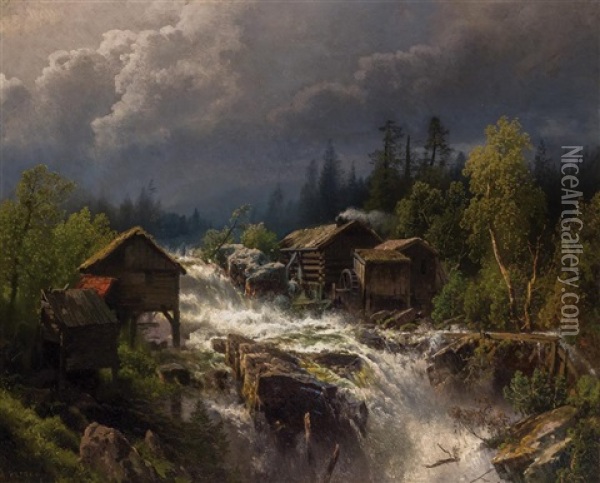 Squall Over The Old Mill Oil Painting - Hermann Herzog