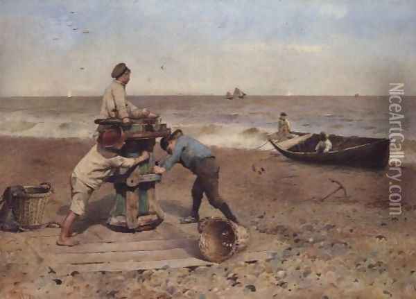 Children Playing on the Beach Oil Painting - Hector Caffieri