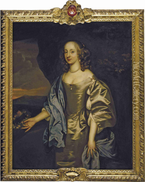 Portrait Of Lady Mary O'kenealy, Three-quarter-length, In An Oyster Satin Dress With A Blue Mantle, Holding A Garland Of Flowers, In A Landscape Oil Painting - John Hayls