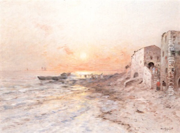 A Village By The Sea At Sunset Oil Painting - Wilhelm von Gegerfelt