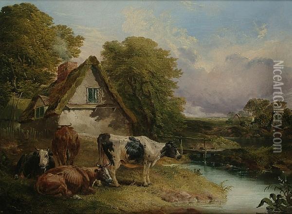 Cattle Before A Cottage Oil Painting - John Frederick Herring Snr
