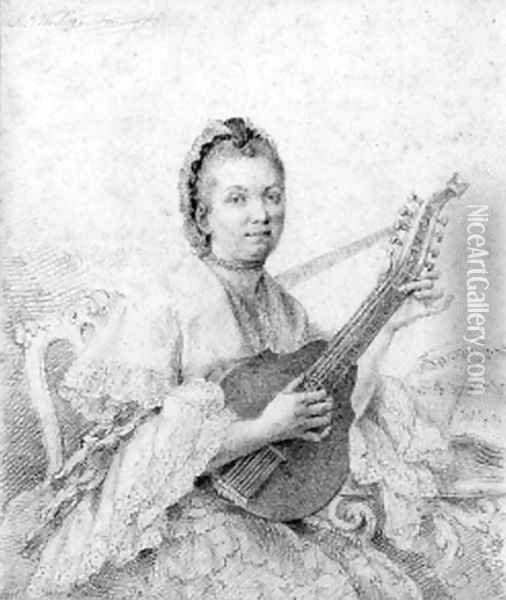 Portrait of a lady, three-quarter length, seated, playing a mandolin Oil Painting - Thomas Worlidge