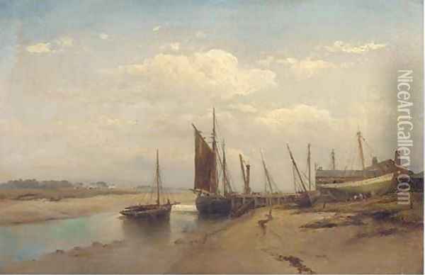 An east coast boatyard at low tide Oil Painting - English School