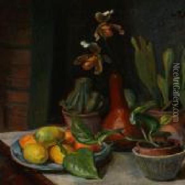 Plants And Fruit On A Table Oil Painting - Viggo Johansen