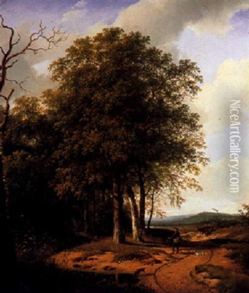 'de Jacht'; Hunters In A Wooded Landscape Oil Painting - Andreas Schelfhout
