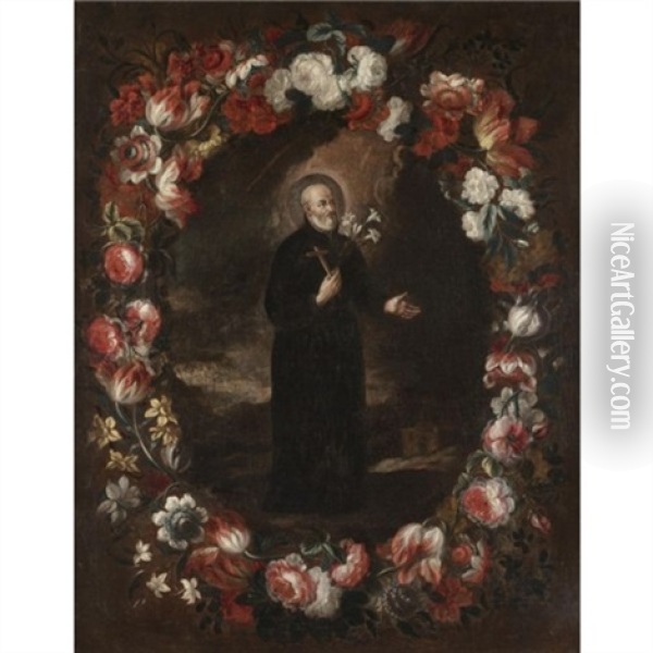 Saint Francis Xavier Surrounded By A Garland Of Flowers Oil Painting - Gabriel de LaCorte