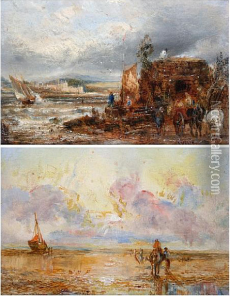 Fisher Folk On The Shore At Sunrise, Togetherwith Another Of Fisherfolk On The Shore Oil Painting - William Joseph Caesar Julius Bond