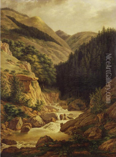 Landscape With A Waterfall Oil Painting - Jean-Joseph-Xavier Bidauld