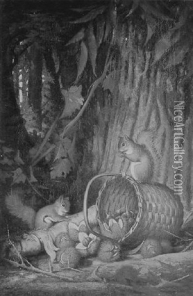 The Cornucopia.  Genre Scene With Squirrels Oil Painting - Frederick S. Batcheller
