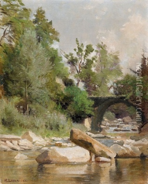 Sonnige Flusspartie Mit Felsen Und Brucke Oil Painting - Nathanael Lemaitre