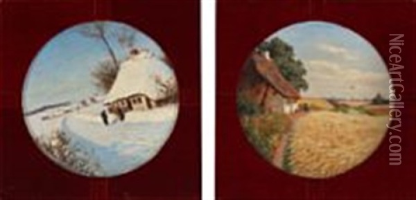 Two Porcelain Dishes Painted With A Summer And Winter Landscape Oil Painting - Hans Andersen Brendekilde