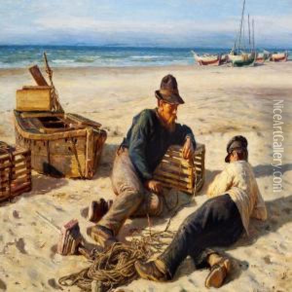 Fishermen Resting On The Beach Oil Painting - N. F. Schiottz-Jensen