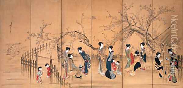 Beauties at a teahouse under a flowering plum Oil Painting - Hotei Gosei