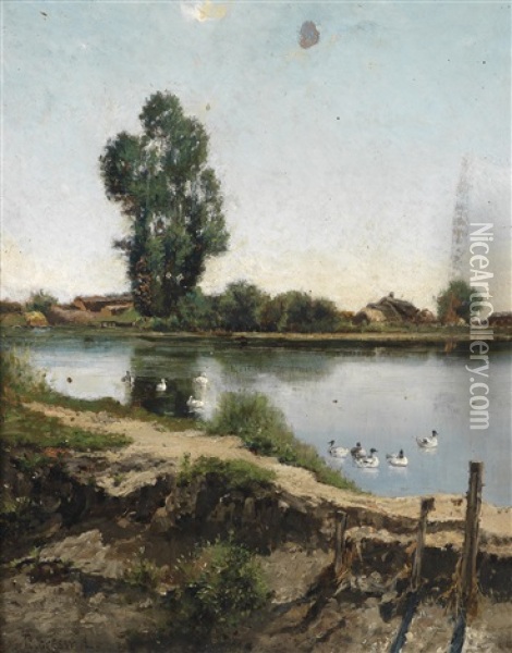 Flusslandschaft Mit Enten Oil Painting - Arthur (Artur) Toelgyessy