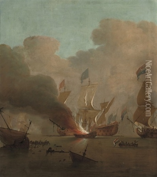 The Destruction Of The "royal James" During The Battle Of Solebay Oil Painting - Peter Monamy