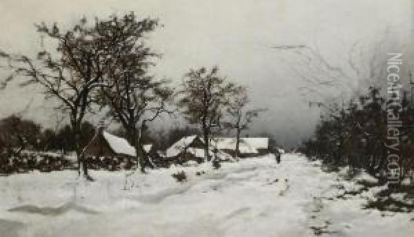 Winter Landscape With Stroller Near The Farmhouse Oil Painting - Joseph Theodore Coosemans