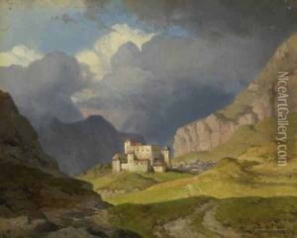 Blick Auf Nauders Und Burg
 Naudersberg In Tirol. Oil Painting - August Albert Zimmermann