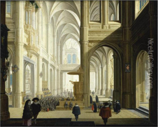 The Interior Of A Gothic Cathedral Oil Painting - Dirck Van Delen