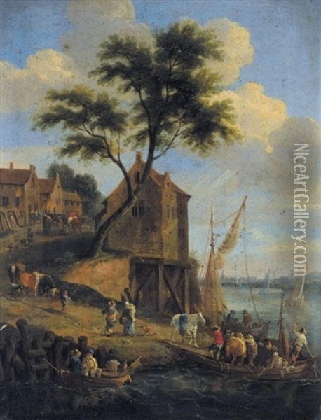 Figures Disembarking From A Ferry With Their Horses, A Village Beyond Oil Painting - Mathys Schoevaerdts