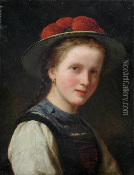 Portrait Of A Young Girl In Traditional Dress Oil Painting - Carl Johann Lasch