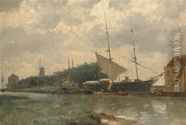 Boats On A Canal With A Windmill In The Distance Oil Painting - Johannes Hermanus Barend Koekkoek