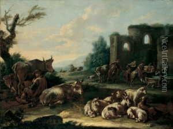 Landschaft Mit Hirten, Vieh Am Brunnen Und Ruinen. Oil Painting - Domenico Brandi